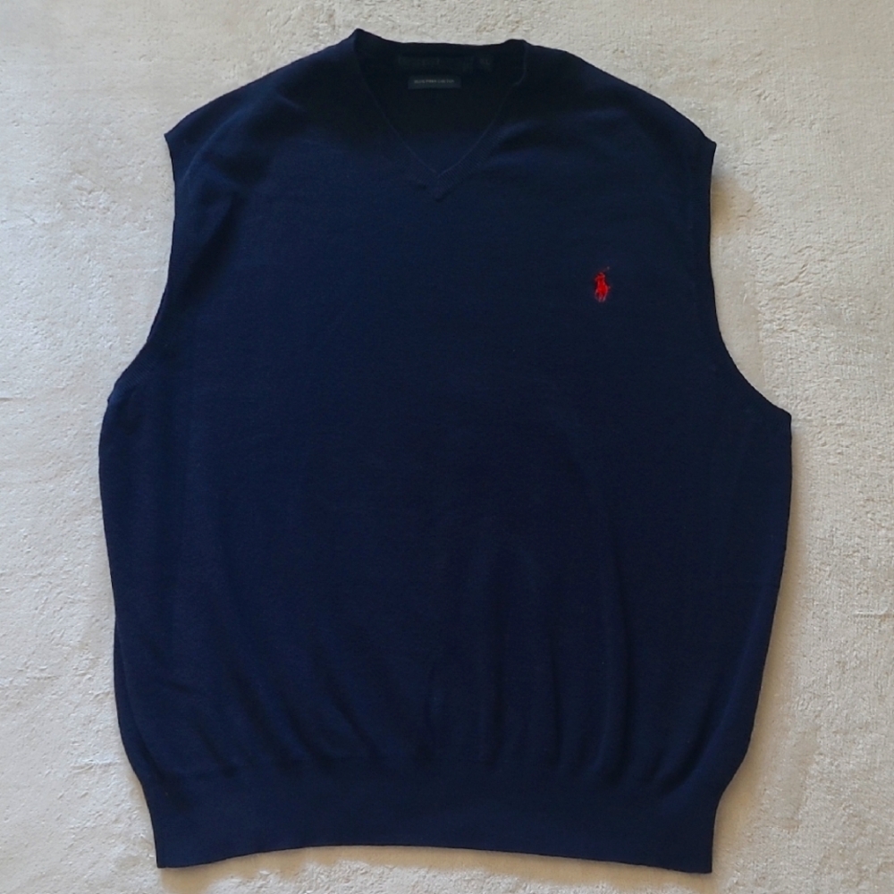 Polo Ralph Lauren Navy Pima Cotton Sweater Vest XL V Neck Pullover Classic Logo